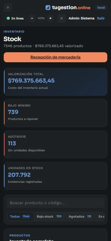 Control real de stock de tugestion.online en un celular