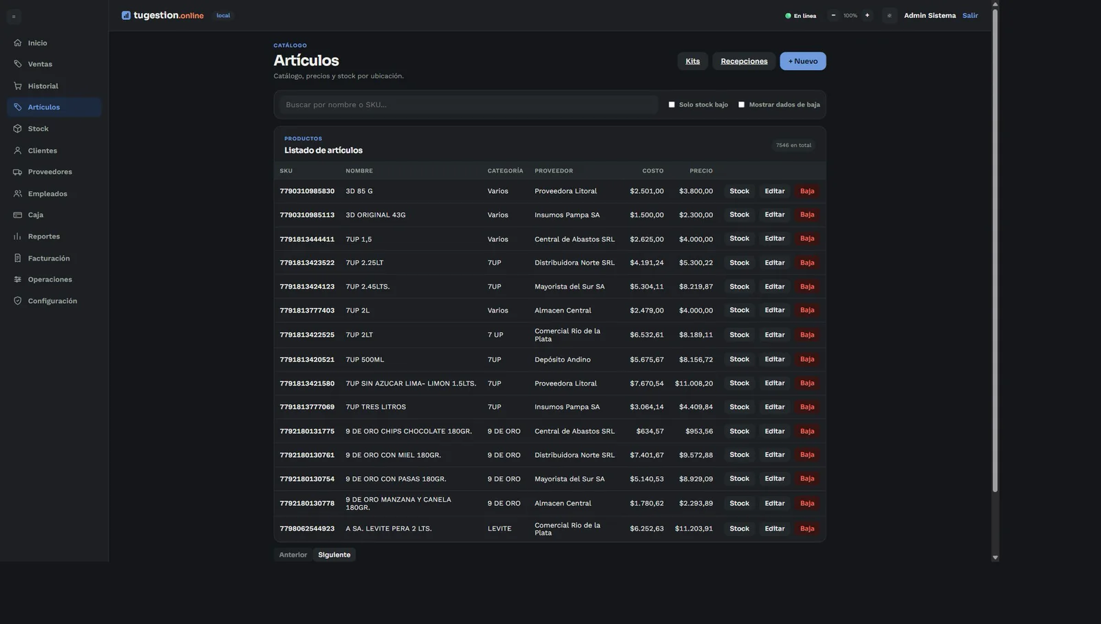 Listado real de artículos con stock, costo y precio en tugestion.online